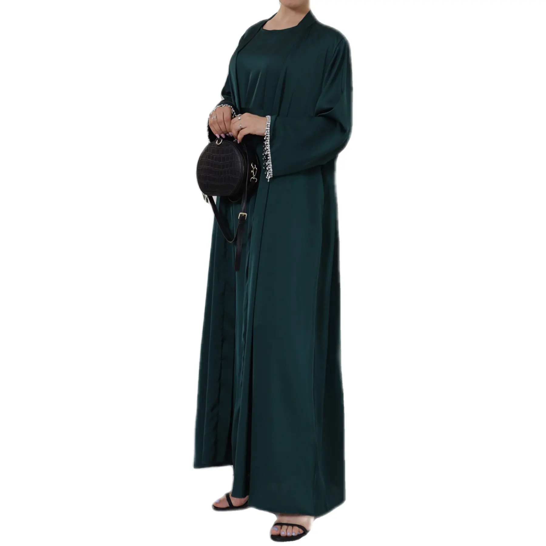 Thổ Nhĩ Kỳ Hồi Giáo Ăn Mặc Hồi Giáo Kimono Dubai Phong Cách Giản Dị Cardigan Hồi Giáo Ăn Mặc Satin Hạt Phụ Nữ Mở Abaya