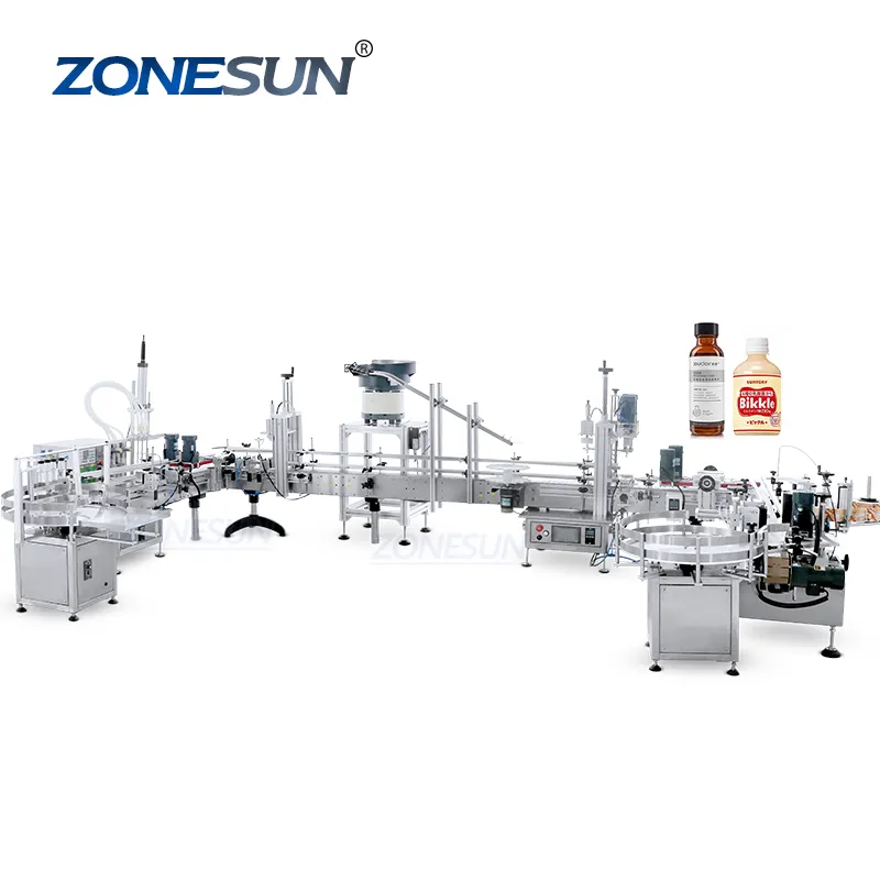 ZONESUN-ZS-FAL180D6 automática con forma de U, 4 cabezales para salsa de soja, botella de aceite esencial, línea de llenado de líquido, descodificador