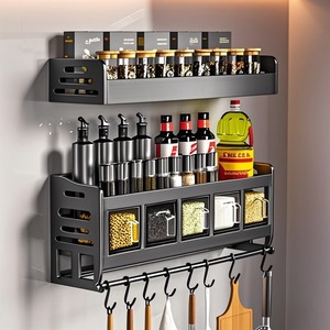 Wall Mounted Stainless Steel <b>Kitchen</b> Storage Rack Multi Functional Seasoning Organizer With <b>Hooks</b> For Spices And Utensils - Product Image 1