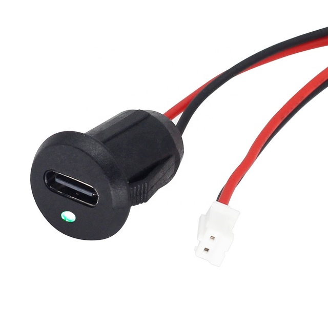Snap in USB C Female Charger port with LED Indicator USB-C with JST PH2.0 Connector 2 Pin panel mount Charging power Cable