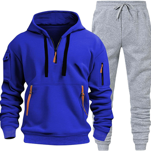 Conjunto de chándal de forro polar con capucha y cremallera de un cuarto para hombre, color personalizado, informal, transpirable, de poliéster y algodón, con pantalones deportivos y bolsillos con cremallera - Product Image 6