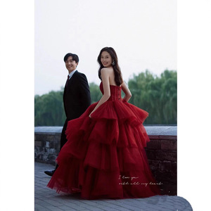 Wedding Dress Ball Gown Dark Red Tulle Sweetheart Neckline Empire Waistline Floor Length Style - Product Image 4