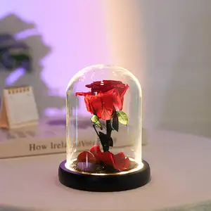 Valentines Day Gift Led Light Red Rose Artificial Flowers Soap Rose Silk Flower Rose in Glass for Women Girls
