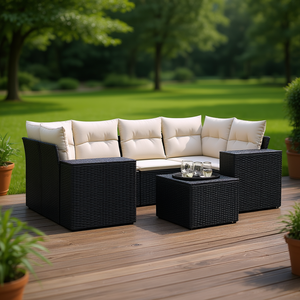 ชุดโซฟาสวนหวายสังเคราะห์สีดำแบบโมดูลาร์ เฟอร์นิเจอร์กลางแจ้งสุดหรู พร้อมเบาะโฟมความหนาแน่นสูง - Product Image 2