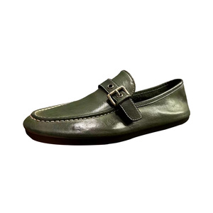 Qhccid Green Leather Loafers With Metal Buckles <b>Slip</b> <b>On</b> Soft Sole Low Heel Men's Shoes - Product Image 2