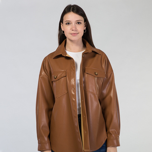 Veste décontractée chaude pour femme en cuir PU à manches longues avec boutons et poches pour l'automne et l'hiver - Product Image 5