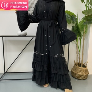 1828# Black Open <b>Abaya</b> With White Pearls Many Layers Pleated With Dreamy Mesh Fashion Classy Popular Ladies <b>Abaya</b> - Product Image 1