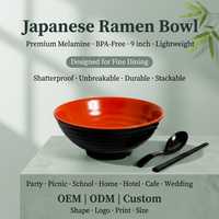 Bol à ramen japonais en mélamine noir et rouge OEM ODM, vaisselle, bol à soupe rond de 9 pouces, incassable pour pique-nique, camping, fête en plein air