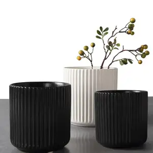 Redeco 2022新趋势现代豪华陶瓷哑光花盆黑色釉面陶瓷花盆白色圆柱形工艺花盆