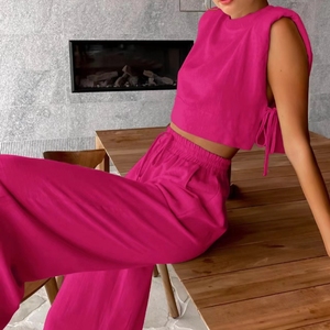 Cotton Linen Shoulder Padded Sleeveless Side Tie <b>Top</b> With Pocket Wide Leg Pants Women's Casual 2 Piece Set Fashion - Product Image 4