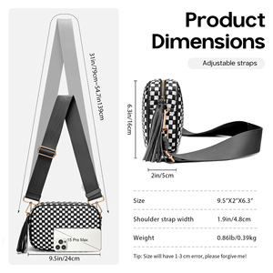 Sac bandoulière tissé à motif damier pour femme en PU, sac à main de <span class=keywords><strong>voyage</strong></span> avec sangle réglable et pompon - Product Image 4