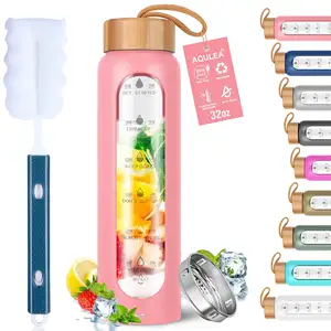 Glazen Waterfles Keer Drinken Herbruikbare Brede Mond Glazen Motiverende Waterfles Met Time Marker Infuser Siliconen Hoes