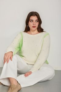 Women Knitted Pullover Spring 2026 100%Cotton Casual Gradient <strong>Knit</strong> <strong>Sweater</strong> Plus Size Light Green &amp; <strong>White</strong> with Purple Dot Details - Product Image 6