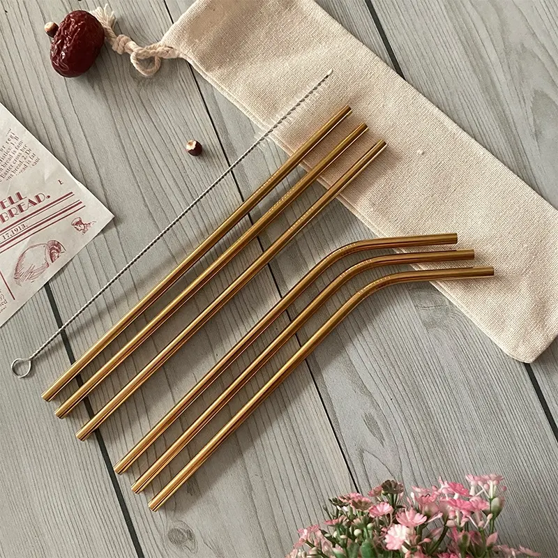 wholesale drink pouches with straw 6pcs 215*6mm stainless steel 304 (18/10) straws with cleaning brush