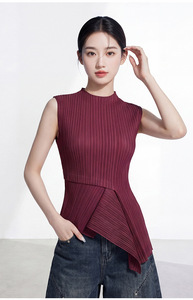 PY 2026 Lightweight Breathable Miyake Pleated <b>Asymmetrical</b> Sleeveless Tank <b>Tops</b> Summer 100% Polyester Quick Dry Women Bulk - Product Image 6