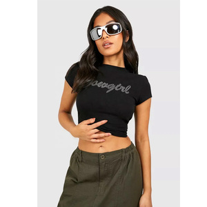 Tùy Chỉnh Bling Biểu Tượng Pha Lê Thời Trang Phố Mùa Hè Sáng Bóng Rhinestone Đồ Họa Phụ Nữ Bé TEE Sửa Chữa Nóng Rhinestone Bông Crop Top Cho Phụ Nữ - Product Image 4