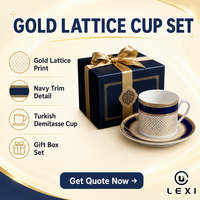Ensemble tasse et soucoupe à café turc en porcelaine fine, écologique, motif géométrique doré et imprimé quadrillé bleu marine, coffret cadeau