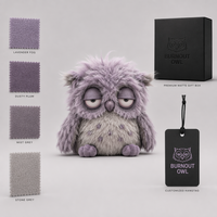 Peluche hibou violet shaggy personnalisée aux yeux fatigués, animal en peluche original et doux pour la décoration de bureau et le soutien émotionnel