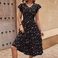 Robe élégante pour femmes européennes et américaines, col en V, taille cintrée, manches hibiscus, imprimée. ODM OEM