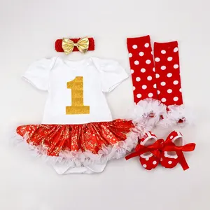 4pcs Hot Sale Birthday Party Outfits Short Sleeve Combied Cotton Custom Printed Baby TUTU Romper Set Baby Girl Birthday Romper