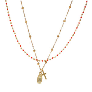 Collier double couche en perles rouges avec médaille Vierge Marie et pendentif croix, bijoux religieux superposés pour femmes - Product Image 5