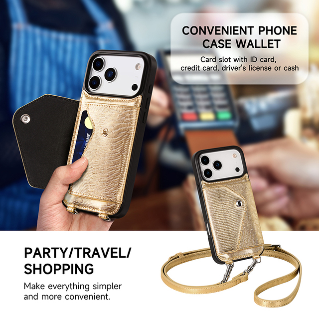 Durable Genuine Leather Wallet Phone Case for iPhone 16 17 18 Pro Max with Back Card Holder Lanyard Custom Logo