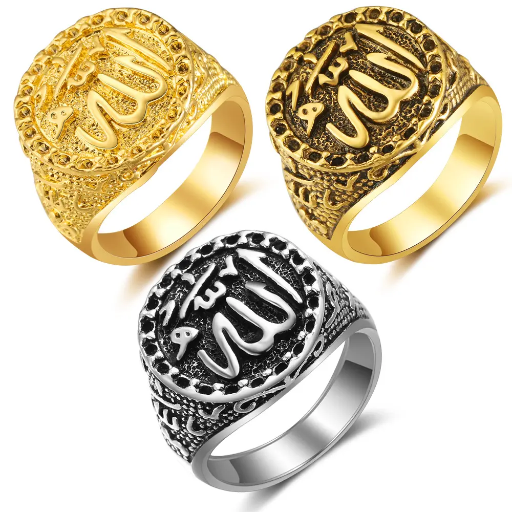 Anel masculino e feminino ouro 18k, anel árabe banhado ao homem e mulher, vintage, anel de alá