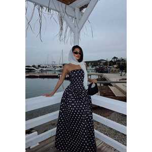 Robe longue noire à pois, élégante, coupe trapèze, taille empire, col rond, longueur ras du sol, pour soirée formelle, mariage ou fête - Taille XS - Product Image 1