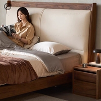 Lit en bois de noyer noir d'Amérique du Nord avec dossier en cuir de luxe, style moderne minimaliste, lit double pour chambre principale, personnalisable