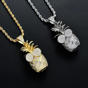 Hot Sale Hiphop Iced Out Bling Zirconia Cute Fruit Pineapple Necklace Pendant Necklace Gold And Silver Women Jewelry