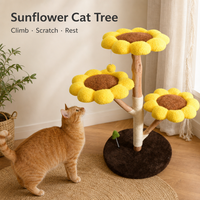 Arbre à chat en bois massif avec griffoir en sisal, trois plateformes tournesol, coussins en peluche, design minimaliste en carton, 107 cm, pour chats