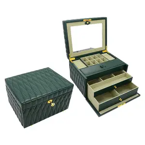 Kotak perhiasan kulit Pu tiga lapisan kustom dengan cermin kotak pengatur penyimpanan perhiasan besar