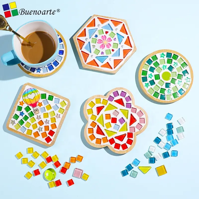 Kit sottobicchieri rotondi in bambù mosaico fai da te diametro 9.5cm