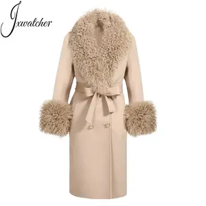 Bán Buôn Len Coat Với Vành Đai Túi Sang Trọng Lamb Fur Cổ Áo Dài Đôi Phải Đối Mặt Mùa Thu Tùy Chỉnh Len Cashmere Trench Coat Phụ Nữ