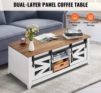 Table basse rectangulaire style ferme avec 2 portes coulissantes, 2 niveaux, rangement durable, étagères amovibles - Blanc naturel pour salon