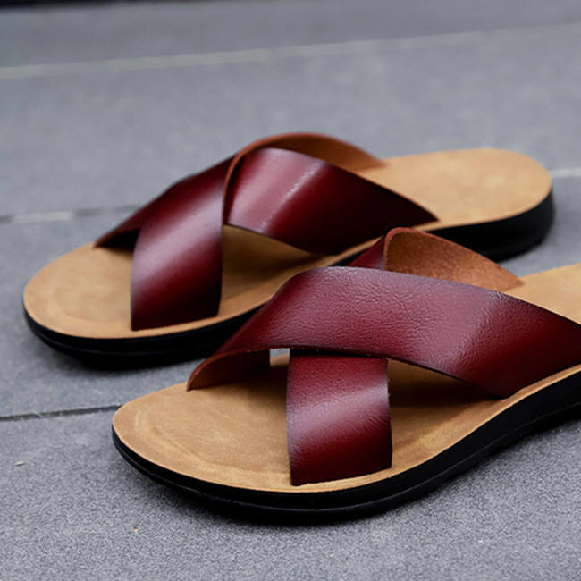 Sandalias planas de cuero para hombre, calzado antideslizante con tiras  cruzadas, suela suave de goma, para playa, Verano