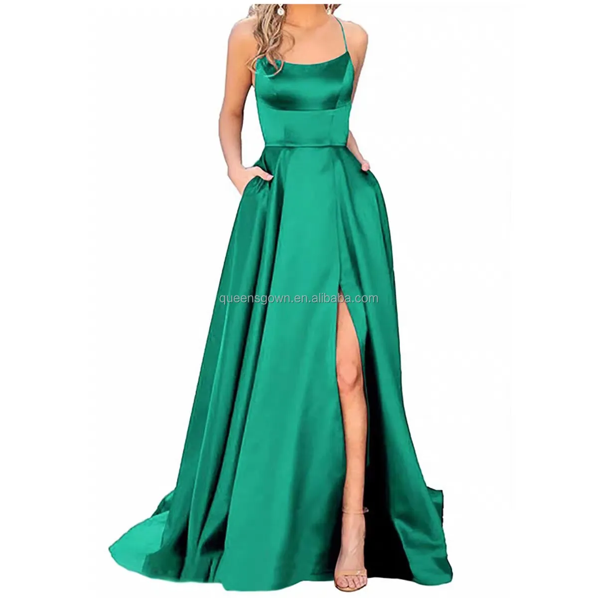 QUEENSGOWN lake green high split prom dress mermaid sexy backless party dress multi-colour