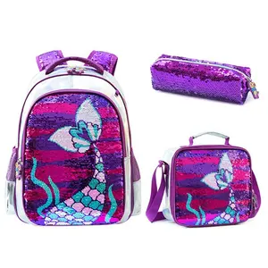 Girls Purple Mermaid School Backpack OEM Sequins 3 Set School Bag Kids Backpack with Lunch Bag Pencil Bag Unisex Daily 5-7days