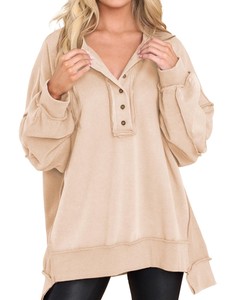 Femmes surdimensionné XXL soie pull décontracté à manches longues bouton Henley cou pull tunique hauts hiver sweat tenues en gros - Product Image 6