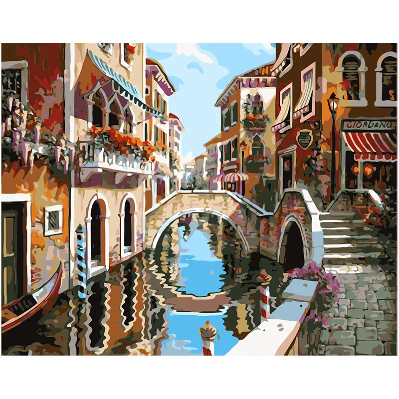 Venecia agua ciudad Casa Arco puente Río fábrica venta al por mayor Venta caliente pintura al óleo decoración del hogar Diy pintura sobre lienzo