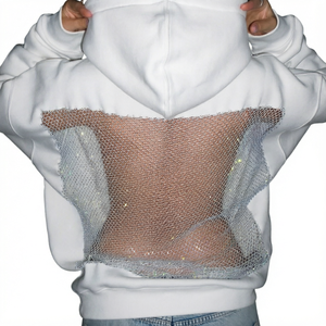 <b>Womens</b> <b>White</b> Hooded <b>Long</b> <b>Sleeve</b> <b>Top</b> Silver Tone Open Mesh Back Panel Solid Shoulder Side Hem Borders Rib Cuffs Polyester Body - Product Image 1