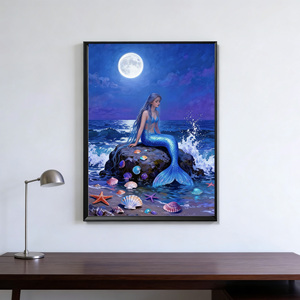 Décoration murale de salle de bain, image de paysage marin de sirène imprimée <span class=keywords><strong>sur</strong></span> toile, art mural pour chambre à coucher, salon, sirène bleue dans la lumière de la lune - Product Image 3