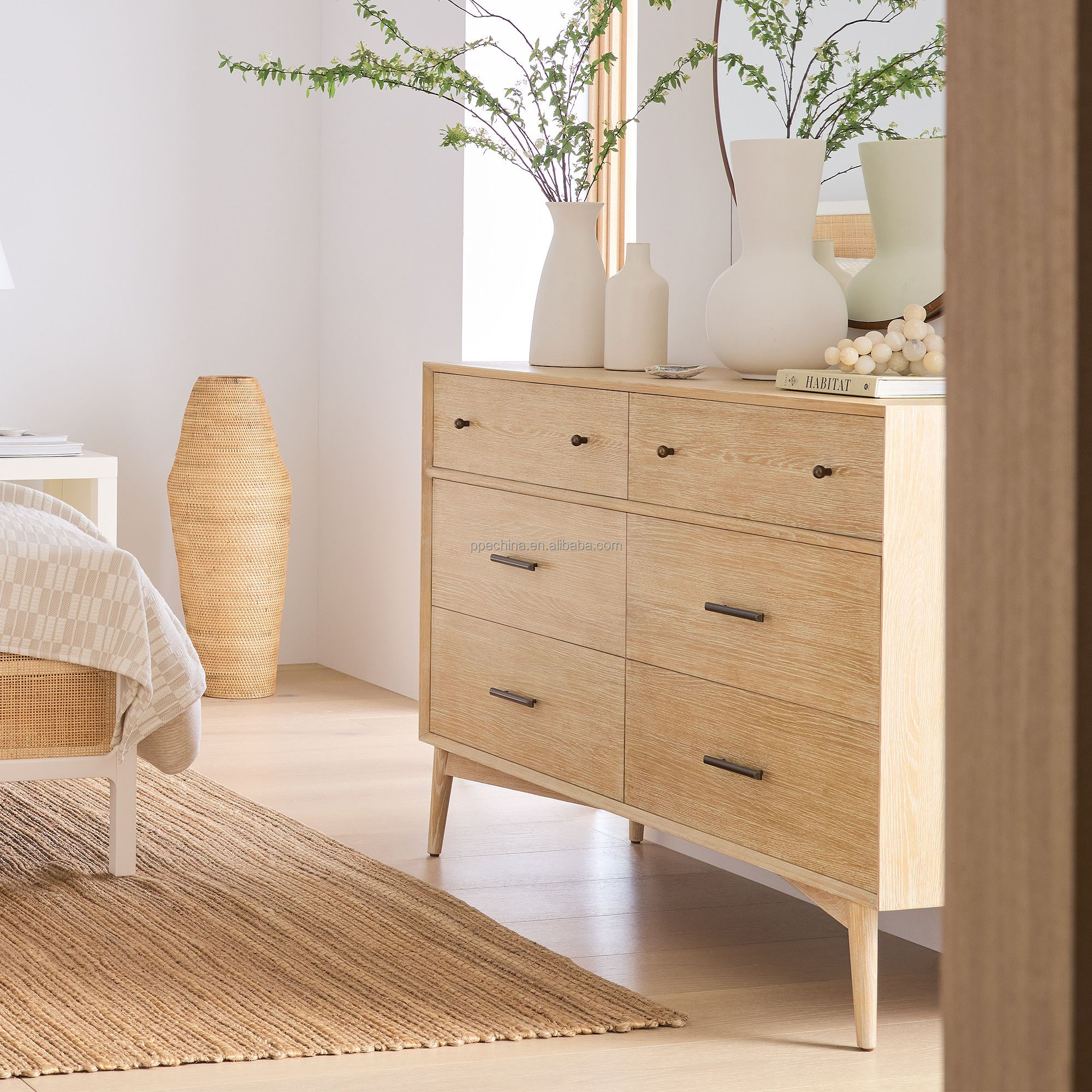 2024 Design Modern luxury oak wood dining sideboard solid wood cabinet 6-Drawer Dresser Porch ark with drawers