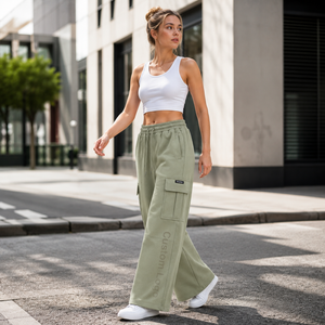 Pantaloni Cargo da Donna all'Ingrosso, in Maglia, a Gamba Larga, con Coulisse, Vita Elastica, Tasche e Stampa Tonal, Casual - Product Image 2