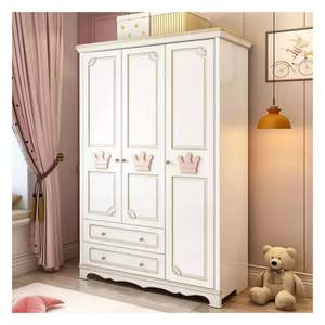 Armoire en bois massif de haute qualité, écologique, mignonne, rose et blanche, avec décoration d'animaux mignons - Product Image 3