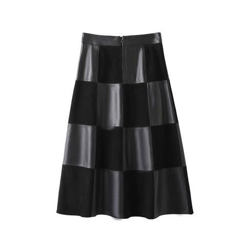 3402 French Style Checkerboard Umbrella Skirt Genuine Sheepskin Spliced Suede Leather Skirt for Women