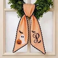 Broderie personnalisée : Faisceau de nom d'Halloween avec fantôme et chauve-souris, nœud effrayant, ruban gingham personnalisé avec nom, décoration de porte d'entrée pour Halloween