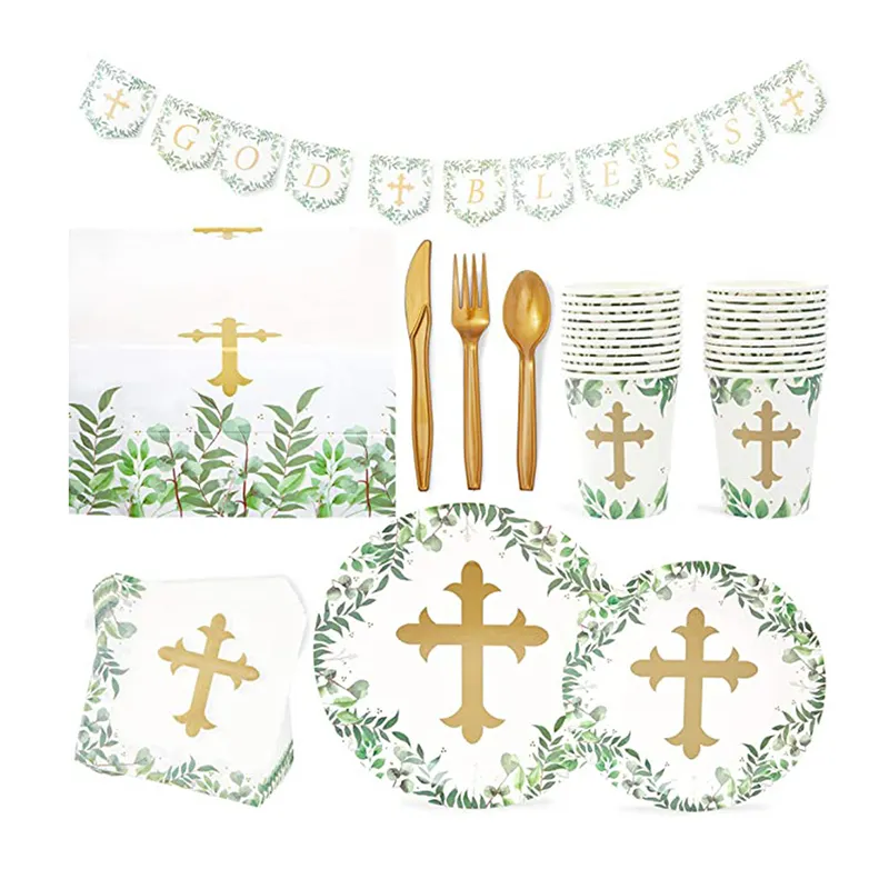 24 Guests God Bless Party Plate Cup Napkins Disposable Tableware Set for Boy Girl First Holy Communior Baptism Party Decorations