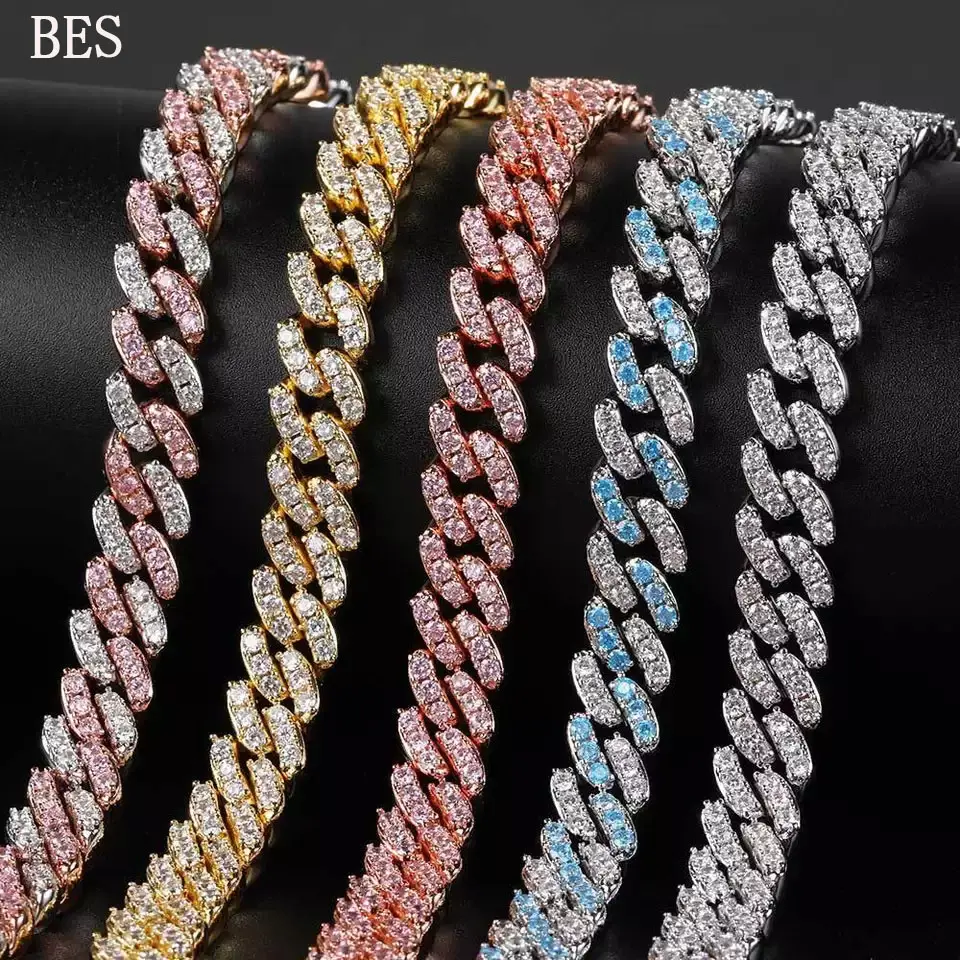 Wholesale Hip Hop Rhodium Plated 9mm Blue Cuban Chain Iced Out CZ Miami Cuban Link Curb Necklace Bling Jewelry For Men Women