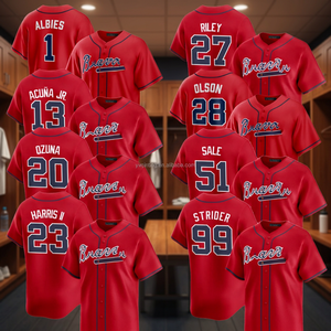 Maillot de baseball personnalisé pour hommes Braves, rouge, imprimé à l'écran, respirant, en polyester, manches courtes, coupe classique, toutes saisons, uniformes pour adultes - Product Image 2